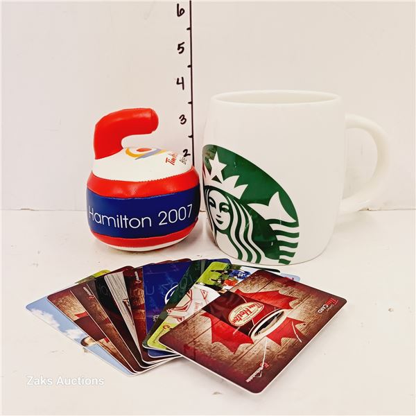 2010 Starbucks Mug & Stuffie & Tim Hortons Collectible Gift Cards