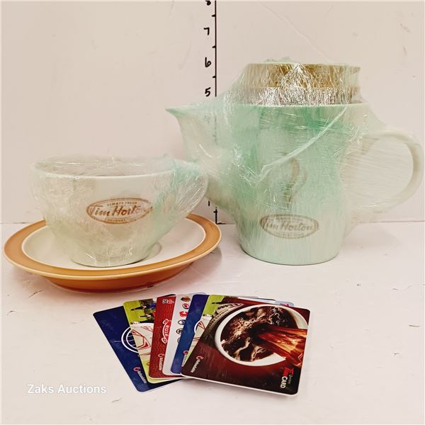 Tim Hortons Tea Cup & Saucer & Teapot For One & Collectible Gift Cards