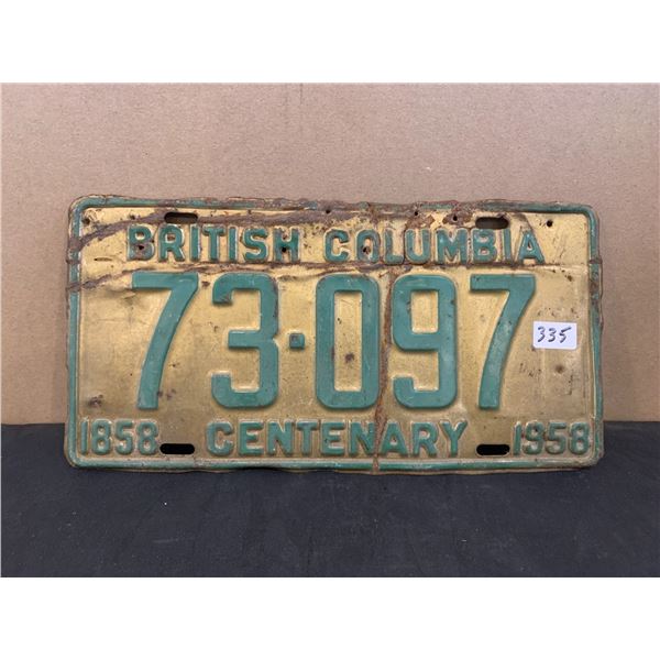 Rare 1958 British Columbia Centenary Farm License Plate