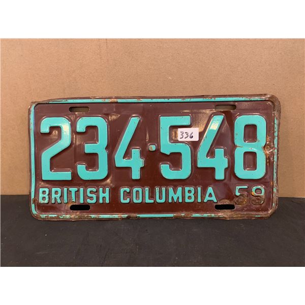 1959 British Columbia Original License Plate