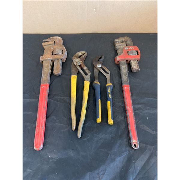 Lot of 2 Pipe Wrenches & 2 Groove Joint Pliers