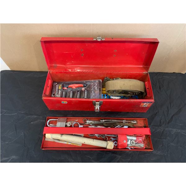 Red Metal Tool Box with Assorted Tools