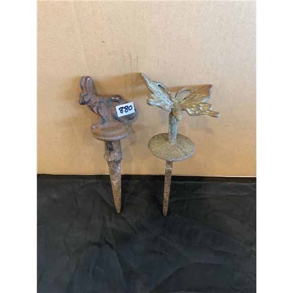 Lot of 2 Vintage Cast Iron Lawn Ornaments - Rabbit - Butterfly