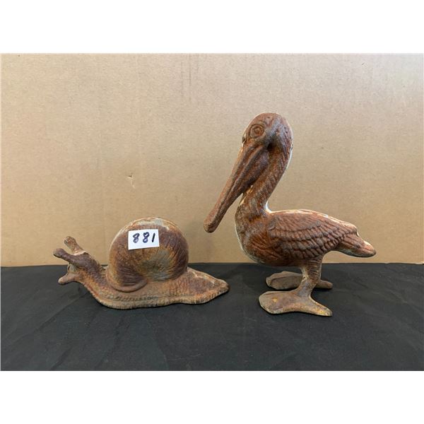 Lot of 2 Vintage Cast Iron Lawn Ornaments - Pelican - Snail