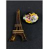 Image 1 : 2 Vintage Brooches - 3.5"L Eiffel Tower, Made In Japan & 2" Wood Pansies