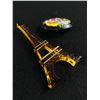 Image 2 : 2 Vintage Brooches - 3.5"L Eiffel Tower, Made In Japan & 2" Wood Pansies