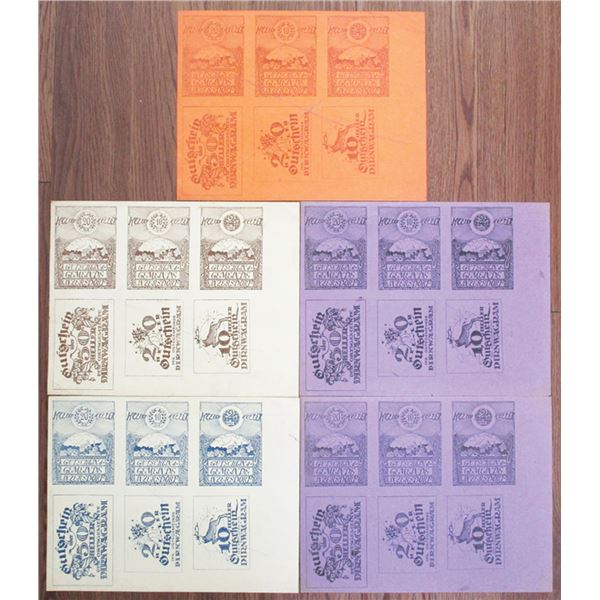 Dirnwagram & Inzersdorf. 1921. Group of 5 Uncut Notgeld Proof or Printer's Waste Sheet of 6 notes Ea