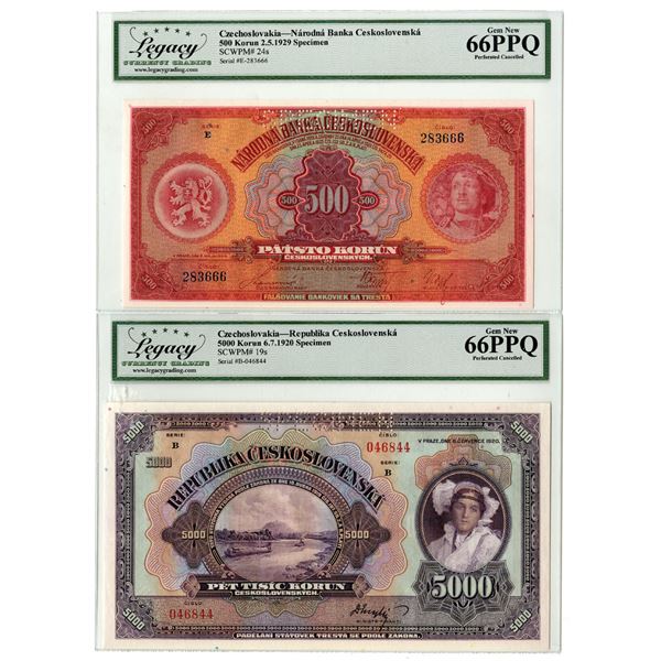 Czechoslovakia. Republika Ceskoslovenska, and Narodna Banka Ceskoslovenska, 1920 and 1929, Specimen