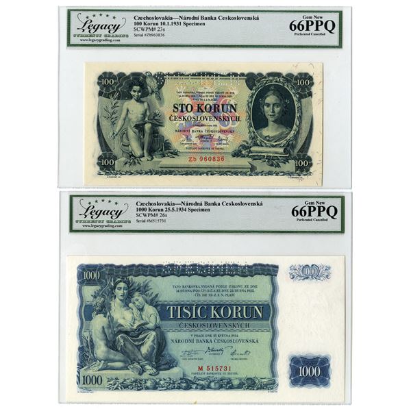 Czechoslovakia. National Bank of Czechoslovakia, 1931 to 1934, Specimen Banknote Pair.