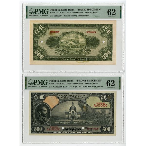 Ethiopia. State Bank of Ethiopia, ND (1945), Front and Back Specimen Pair.