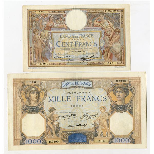 France. Banque de France, 1936 and1938, Issued Banknote Pair.