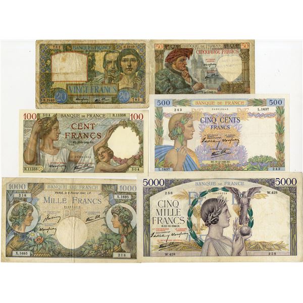 France. Banque de France, 1940 to 1942, Issued Banknote Collection.