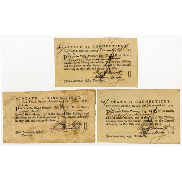 CT. Connecticut, Pay-Table Office, 1781 Tax Warrant Trio Signed by,  Jedediah Huntington, Fenn Wadsw