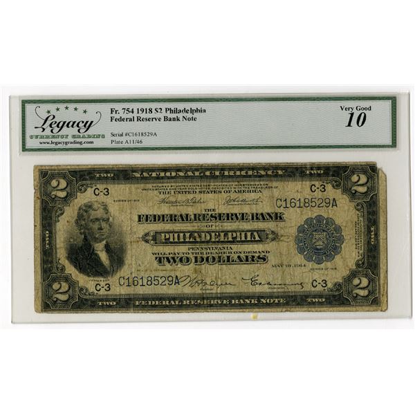 Philadelphia, PA. F.R.N. Federal Reserve Bank of Philadelphia, $2, Series of 1918, Fr.#754, Issued B