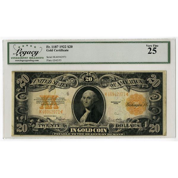 Washington, D.C. Gold Certificate, $20, Series of 1922, Fr.#1187, Issued Banknote.