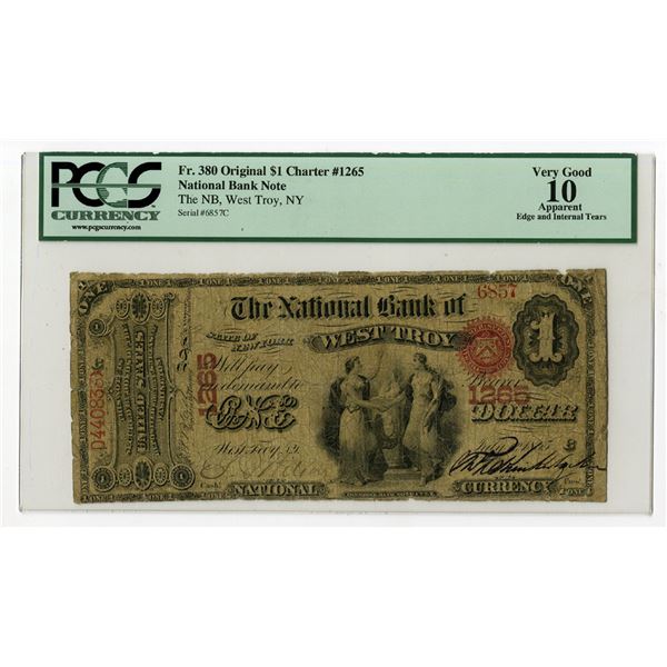 NY. National Bank of West Troy, New York, $1, July 1, 1865, Ch# 1265, Issued Banknote.