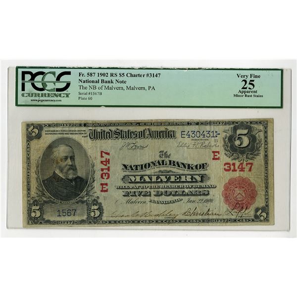 PA. National Bank of Malvern, Pennsylvania, $5 RS, Series of 1901, Ch# 3147, Issued Banknote.