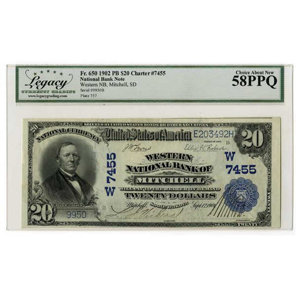SD. Western National Bank of Mitchell, South Dakota, $20 PB, Series of 1902, Ch# E-7455, Issued Bank