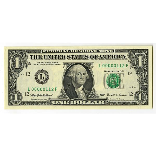 U.S., F.R.N., $1, Series 1995, Low S/N ""L00000112F" Mule.