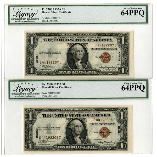 U.S. Silver Certificate, $1, 1935A Hawaii - WWII Emergency Issue, Fr#2300 Sequential Pair.