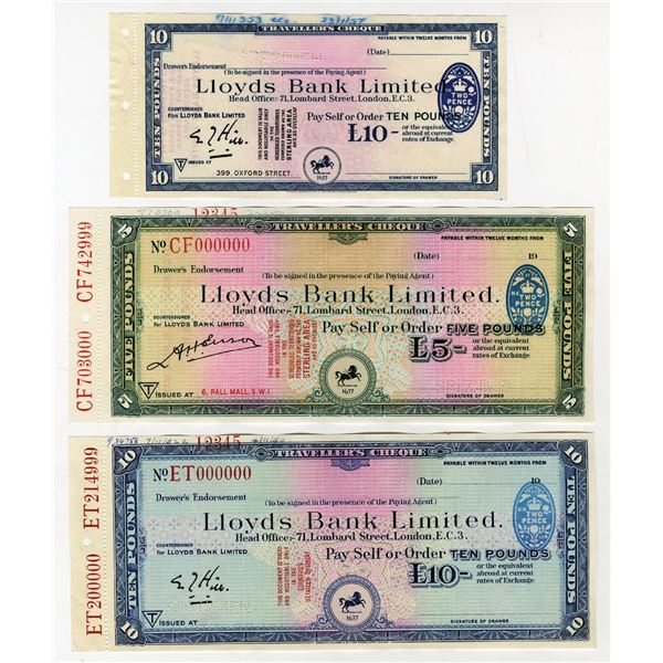 London. Lloyds Bank Ltd., 1950 to 1957, Traveler's Cheques Specimen Trio, all with Imprinted 2 Pence