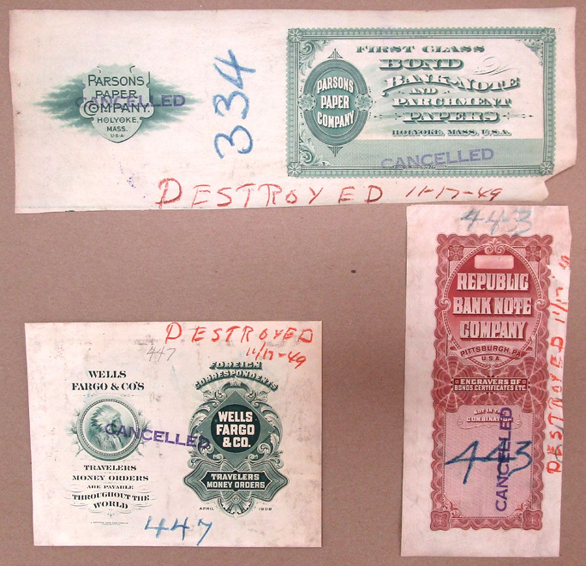 Bank Note Label Republic Bank Note Co.; Wells Fargo; and Parsons Paper Co., Proof ...