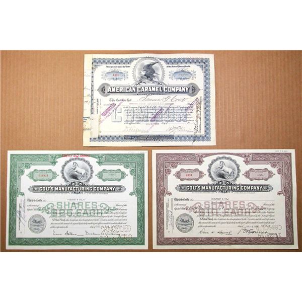 CT & PA.. Colt's Manufacturing Co. and an American Carmel Co., Stock Certificate Issued to Samuel Co