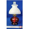 Image 1 : Coal Oil Lamp : Red Base/Font : Milk Glass Hobnail Shade : P & A Burner (Measures Total with Chimney