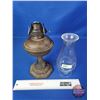 Image 6 : Coal Oil Lamp : Tin Font : Cast Iron Base : Canada (Measures Total with Chimney : 17-3/4"H) (SEE PIC