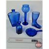 Image 1 : Cobalt Blue Glass Grouping (5) : Fry Pan, Boot, Bottle, Vase, Candle Holder (Tallest Measures: 10"H)