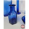 Image 3 : Cobalt Blue Glass Grouping (5) : Fry Pan, Boot, Bottle, Vase, Candle Holder (Tallest Measures: 10"H)