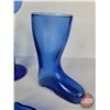 Image 4 : Cobalt Blue Glass Grouping (5) : Fry Pan, Boot, Bottle, Vase, Candle Holder (Tallest Measures: 10"H)