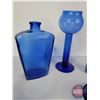 Image 5 : Cobalt Blue Glass Grouping (5) : Fry Pan, Boot, Bottle, Vase, Candle Holder (Tallest Measures: 10"H)