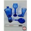 Image 6 : Cobalt Blue Glass Grouping (5) : Fry Pan, Boot, Bottle, Vase, Candle Holder (Tallest Measures: 10"H)