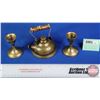 Image 1 : Brass Group (3) : - (2) Candle Stick Holders (2-3/4"H) - Mini Kettle (SEE PICS!)  (Important: All It