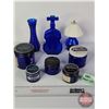 Image 1 : Cobalt Blue Collector Grouping (8) :  - Noxzema Jars (5) - Vase - Violin Vase (8"H) - Lamp Bottle (S