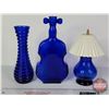 Image 6 : Cobalt Blue Collector Grouping (8) :  - Noxzema Jars (5) - Vase - Violin Vase (8"H) - Lamp Bottle (S