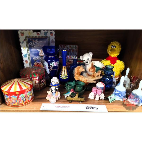 Collector Combo Grouping : Wood Pecker Toothpick Holder, Big Bird Cookie Jar, Vases, Bells, S&P, Orn