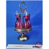 Image 1 : Vintage Cranberry Glass Cruet Set : Silverplate Caddy (5 Place Caddy : Only 4 Bottles) (Caddy 16"H) 