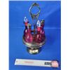 Image 2 : Vintage Cranberry Glass Cruet Set : Silverplate Caddy (5 Place Caddy : Only 4 Bottles) (Caddy 16"H) 