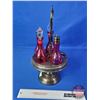 Image 3 : Vintage Cranberry Glass Cruet Set : Silverplate Caddy (5 Place Caddy : Only 4 Bottles) (Caddy 16"H) 