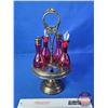 Image 4 : Vintage Cranberry Glass Cruet Set : Silverplate Caddy (5 Place Caddy : Only 4 Bottles) (Caddy 16"H) 