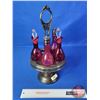 Image 5 : Vintage Cranberry Glass Cruet Set : Silverplate Caddy (5 Place Caddy : Only 4 Bottles) (Caddy 16"H) 