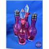 Image 7 : Vintage Cranberry Glass Cruet Set : Silverplate Caddy (5 Place Caddy : Only 4 Bottles) (Caddy 16"H) 