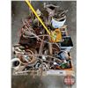 Image 2 : Pallet Lot - Collector Combo/Grouping - Rustic: Log Holder, Wrenches, Pullies, Meat Grinder, Pipe Th