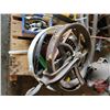 Image 7 : Pallet Lot - Collector Combo/Grouping - Rustic: Log Holder, Wrenches, Pullies, Meat Grinder, Pipe Th