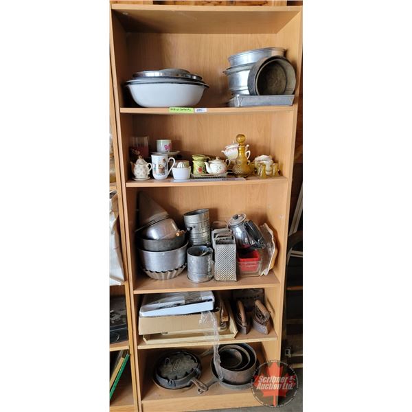 Bookshelf w/Contents : Incl. Enamelware, Baking Pans, Graters, Sad Irons, Cast Frying Pans, Variety