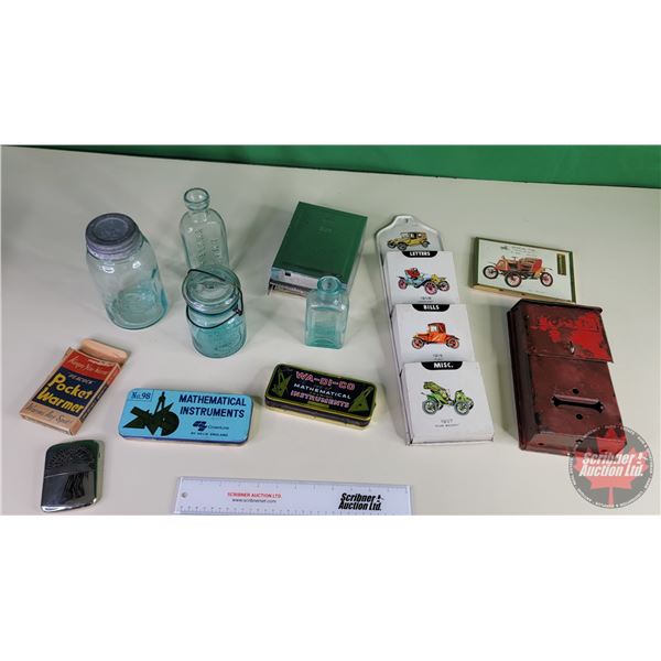 Collector Combo: Jars, Bottles, Letter Holders, Tin Mail Box, Hand Warmer, Napkin Dispenser, etc! (S