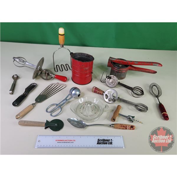 Vintage Kitchen Grouping - Red Theme : Sifter, Masher, Press, Can Opener, Egg Beaters, Cork Screw, J