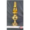Image 1 : Coal Oil Lamp : Brass Base/Font : Made In England : Double Wick Burner : Amber Chimney (Measures Tot